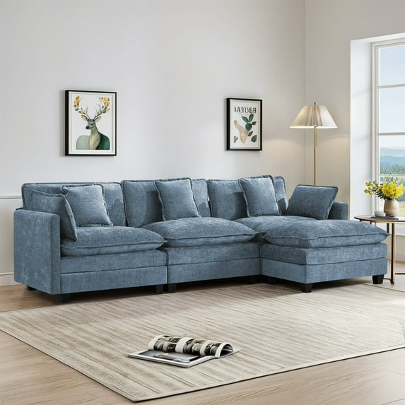 Domicare Modern 3 Seater Sectional Sofa with Ottoman, Sofas for Living Room, Living Room Furniture,Blue