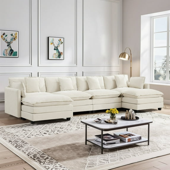 Domicare Modern 4 Seater Sectional Sofa with 2 Ottomans, Sofas for Living Room, Living Room Furniture,Beige