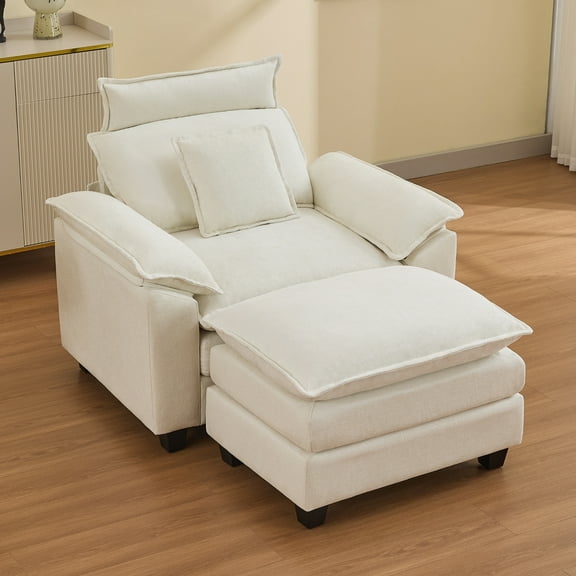 DOMICARE 46'' Cloud Oversized Chair with Removable Headrest & Ottoman, Upholstered Comfy Arm Accent Chair, Modern Chenille Reading Lounge Armchair for Living Room, Bedroom, Beige