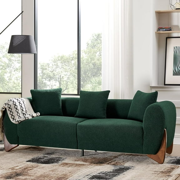 DOMICARE 87'' Sherpa Boucle Cloud Couch Modern 3 Seater Sofa with Solid Wood Legs, 25in Extra Deep Seat, Comfy Thick Cushion Upholstered Sofa Couches with 3 Pillows for Living Room, Green
