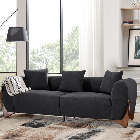 DOMICARE 87'' Sherpa Boucle Cloud Couch Modern 3 Seater Sofa with Solid Wood Legs, 25in Extra Deep Seat, Comfy Thick Cushion Upholstered Sofa Couches with 3 Pillows for Living Room, Black