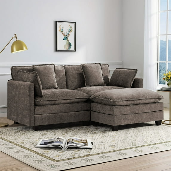 Domicare Modern Sectional Sofa with Ottoman, 2-Piece Loveseat Sofa for Living Room, Living Room Furniture,Brown