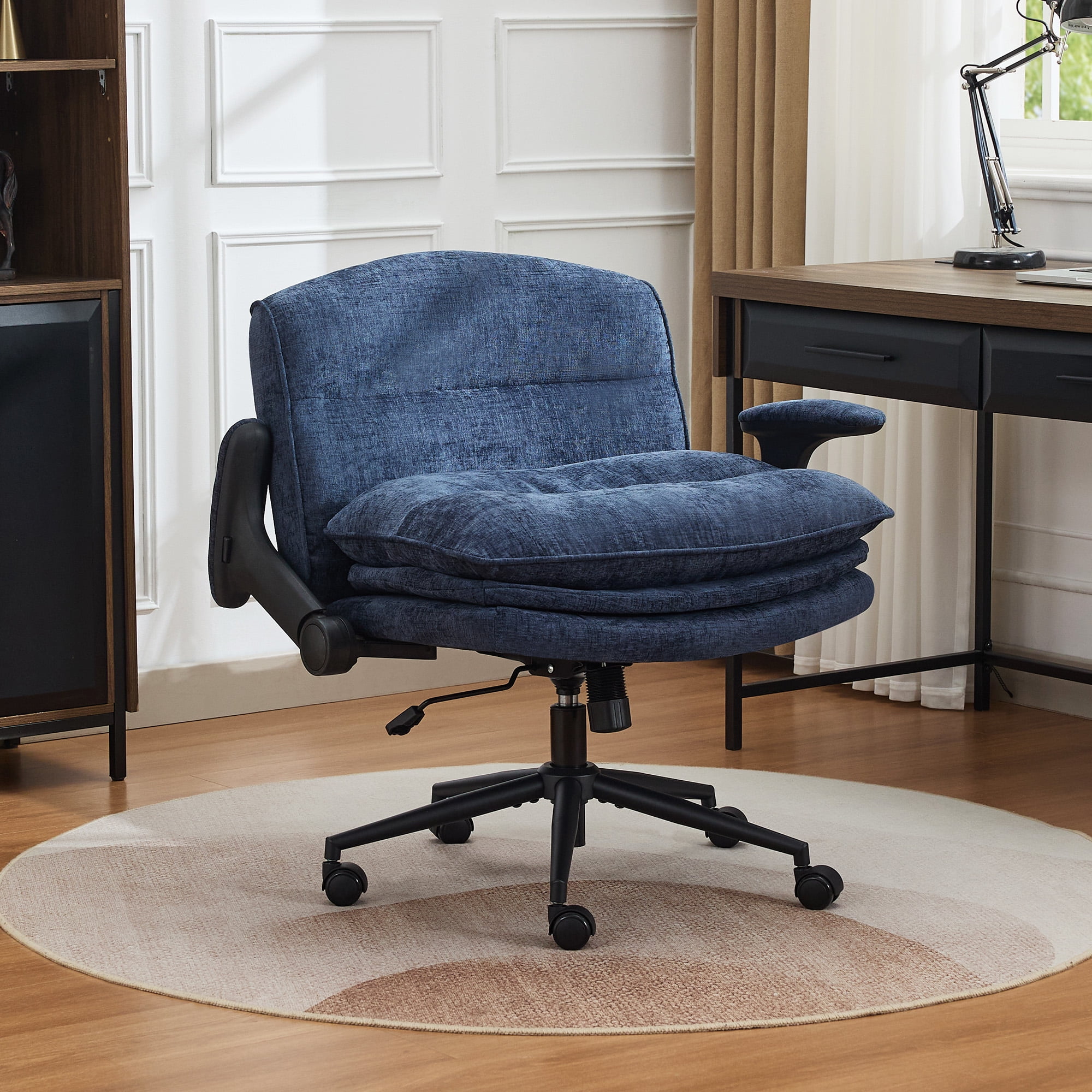 DOMICARE Criss Cross Chair with Flip-Up Arms, Wide Cross-Legged Office Chair with Wheels, Swivel Vanity Desk Chair, Blue Chenille
