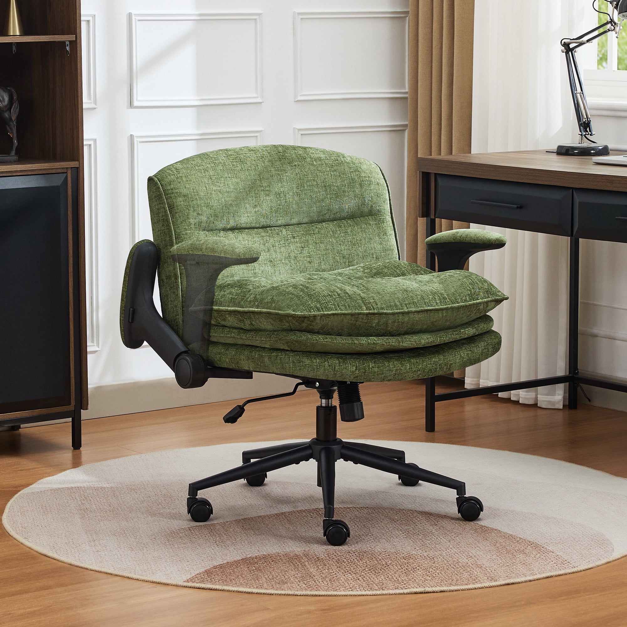 DOMICARE Criss Cross Chair with Flip-Up Arms, Wide Cross-Legged Office Chair with Wheels, Swivel Vanity Desk Chair, Green Chenille