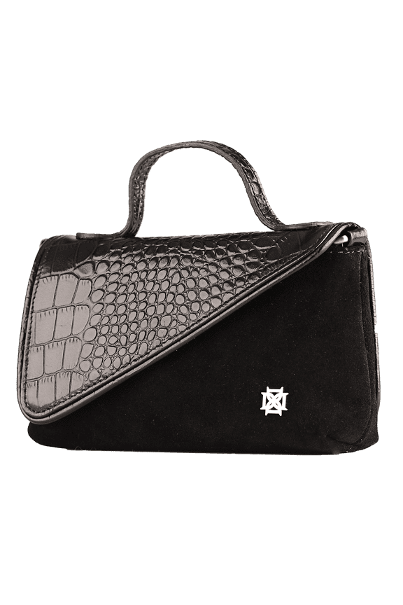 Crossbody Handbag /Clutch Purse Black Crocodile Embossed Leather/Suede With Removable Shoulder Strap Unisex Raquel