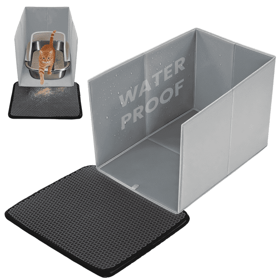 Cat Litter Box Cover with Litter Mat, DOMIPET Foldable Waterproof Anti-Splash Shield for Pet Litter Pan, Extra Large Cat Litter Box Enclosure Splash Guard with Mat Trapper, Open Top Pee Shield Pa