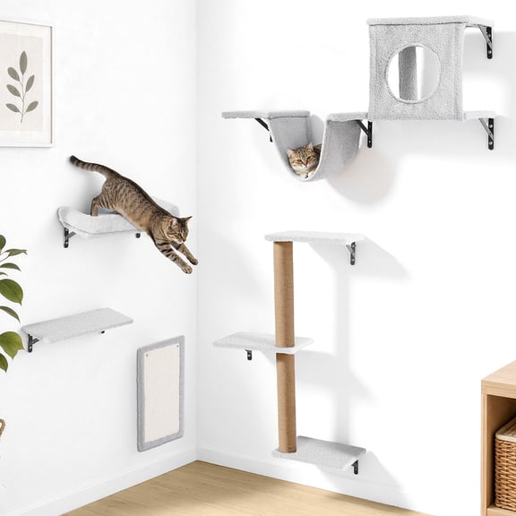 DOMIPET Wall-Mounted Cat Tree Furniture, 5Pcs Cat Wall Shelves Perches Set, Wooden Climber Includes House, Bridge, Tree, Steps & Scratcher for Multiple Cats
