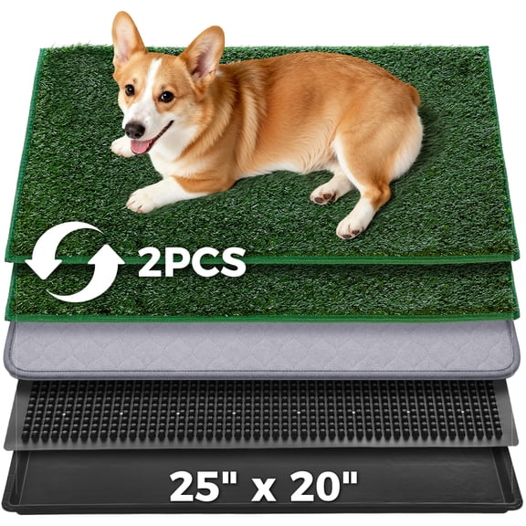 DOMIPET Dog Grass Pad with Tray, 25"x20", 2 Reusable Artificial Turf for Dogs Potty, Quickly Absorbency Portable Dog Litter Box Bathroom Turf for Pet Training, Waterproof Non-Slip Washable Puppy Pee