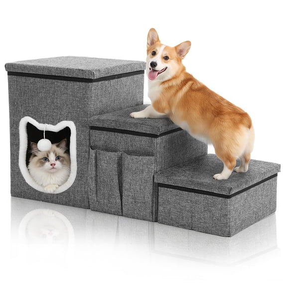 DOMIPET Dog Stairs for Small Dogs, 3 Tiers Dog Step with Storage, Foldable Cat Ramp with Condo Cat Scratcher, Portable Pet Ladder for High Bed Couch Chair Car for Older Pets