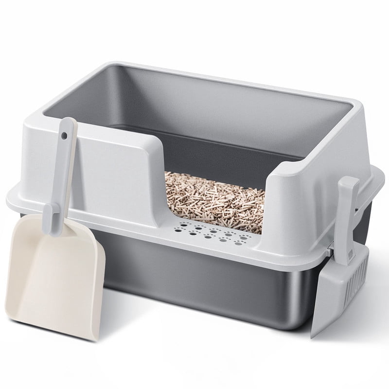 DOMIPET Extra Large Stainless Steel Cat Litter Box, Metal Litter Pan With Lid, 2x Scoop, High Sided, Leak-Proof & Easy Cleaning