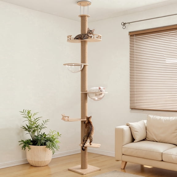 Floor To Ceiling Cat Tree Tower, DOMIPET Adjustable Height (106.4-113.2") Multi-Level With Acrylic Capsule Sisal Scratching Posts Stable For Kittens & Large Cats