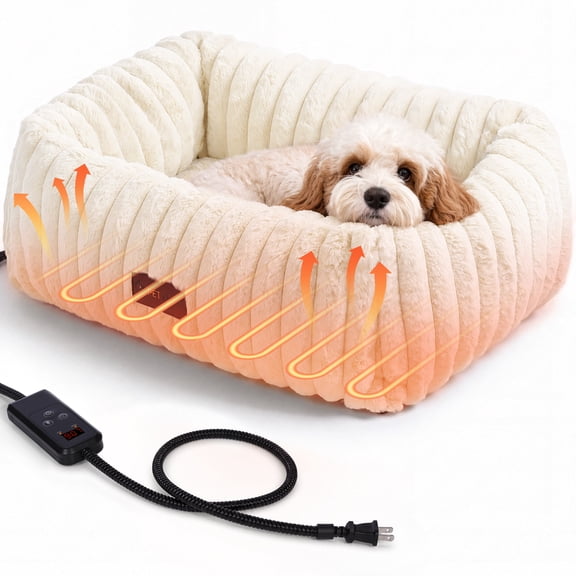 Heated Cat Bed Indoor, DOMIPET Pet Bed with 6 Temperature & 5 Timer Settings, Fluffy Cat Couch with Removable Machine-Washable Cover for Dogs Kitten Puppy in Winter, 27.2"x18.9"x7.9", White