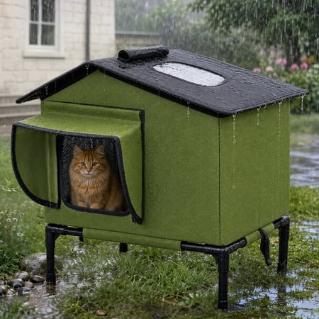 DOMIPET Outdoor Cat House Weatherproof, Cats House for Outside Cats with Safe Escape Door, Cat Shelter for Multiple Cats Small Animals, Elevated Outside Stray Cats Shelter