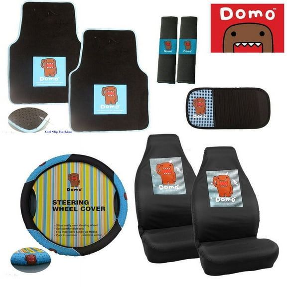 DOMO 8 Pcs Combo Front Driver / Passenger Car Carpet Seat/ Wheel /Seat Belt Cover Floor Mat 2pc Rubber Backing Auto Kun