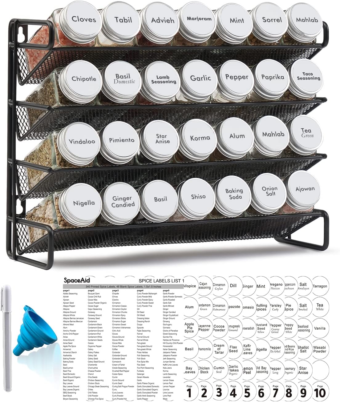 DOMPILC Spice Rack Organizer with 28 Spice Jars, 386 Spice Labels ...