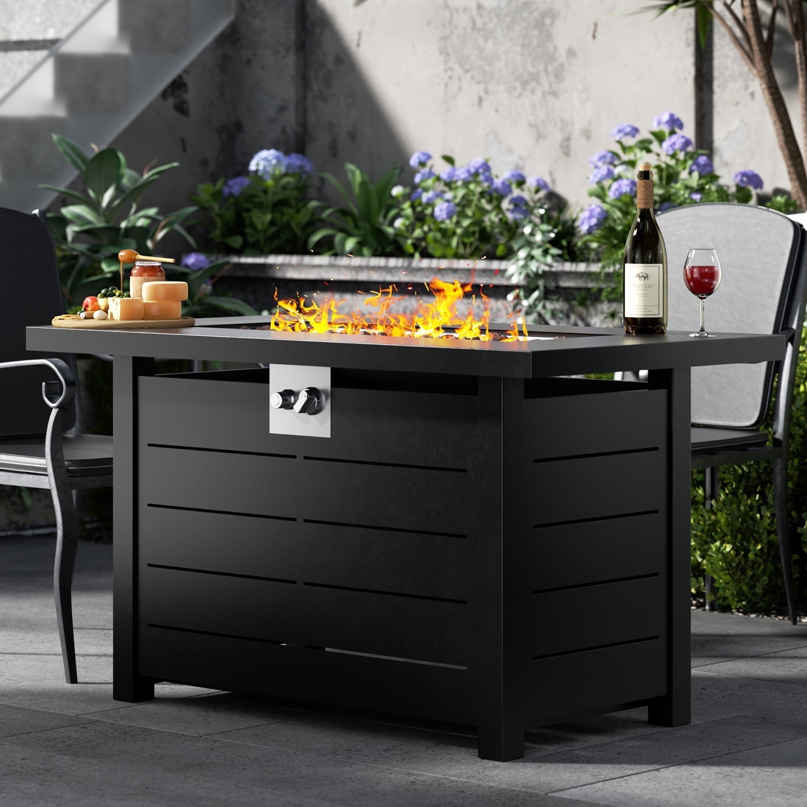 DOMQGA 43" Propane Fire Pit Table,50,000 BTU Steel Gas 2-in-1 Fire Pit Table for Outside with Lid,Lava Rock & Waterproof cover,Rectangle