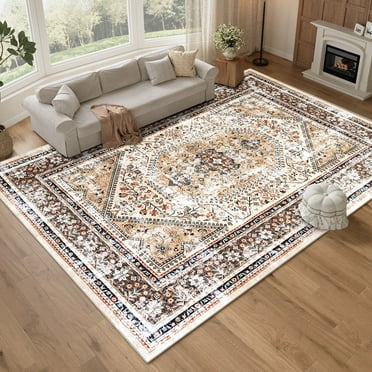 DOMQGA 8'x10' Vintage Area Rugs, Modern Stylish Large Machine Washable Area Rugs for Living Room,Dining or Bedroom Foldable Home Decor Soft Nonslip Carpet,Brown