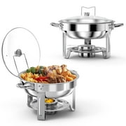 DOMQGA Chafing Dish Buffet Set 2 Pack,5QT Round Stainless Steel Chafing Dishes for Buffet with Glass Lid & Holder,Chafers and Buffet Warmers Set for Parties, Events,Silver