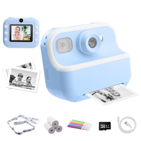 DOMQGA Kids Camera Instant Print Camera,1080P Rechargeable HD Kids Digital Cameras Birthday Gifts with 32G SD Card,Blue