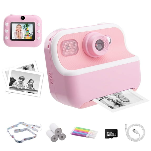 DOMQGA Kids Instant Print Camera with 32GB SD Card - 1080P HD, Rechargeable, Pink Gift
