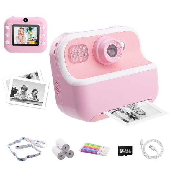 DOMQGA Kids Instant Print Camera with 32GB SD Card - 1080P HD, Rechargeable, Pink Gift