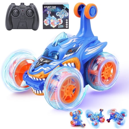 DOMQGA Remote Control Car for Boys Girls, RC Stunt Car, Shark Car for Kids Wheels Lights & 360° Flips,for Kid Birthday Gift