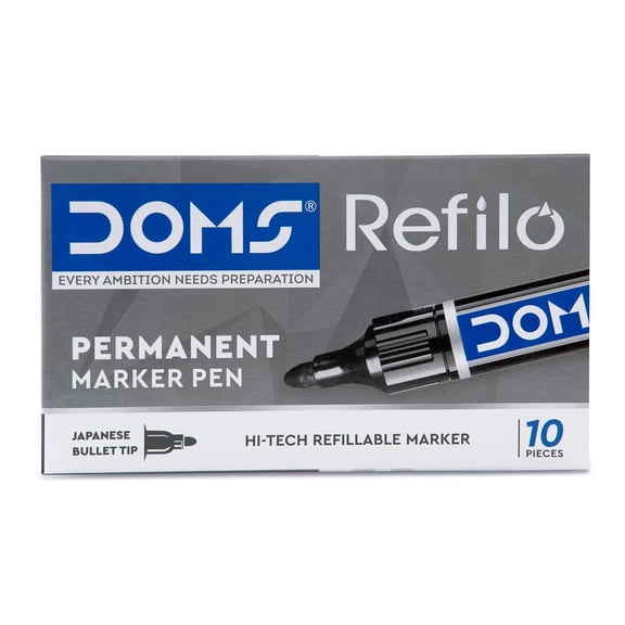 DOMS REFILO Permanent Marker Pen | Non -Toxic |HI-TECH REFILLABLE with JAPNESE Bullet TIP (Pack of 10) Black Ink