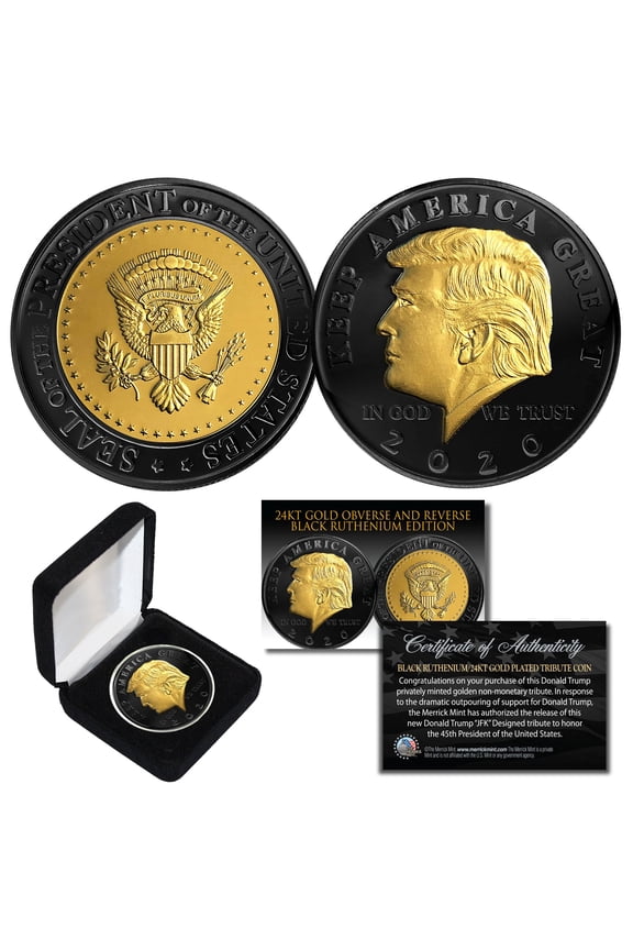 DONALD TRUMP '20 Keep America Great BLACK RUTHENIUM 24K GOLD Medallion Coin wBOX