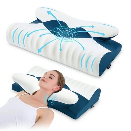DONAMA Cervical Neck Pillow for Pain Relief Sleeping,Memory Foam Pillow with Breathable Pillowcase,Orthopedic Ergonomic Contoured Support for Side,Back and Stomach,Queen Size 23.62"×14.17"×4.72" Blue