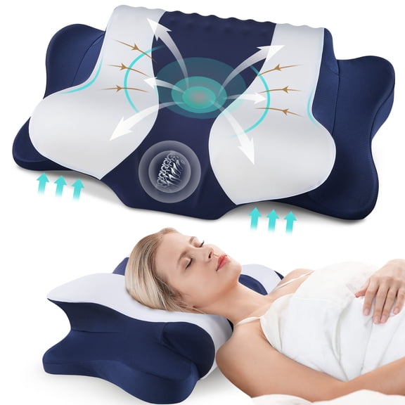 DONAMA Cervical Neck Pillow for Pain Relief Sleeping, Memory Foam Pillow Neck Pillow Bed Pillow with Pillowcase for Side Back and Stomach Sleepers, Blue and White