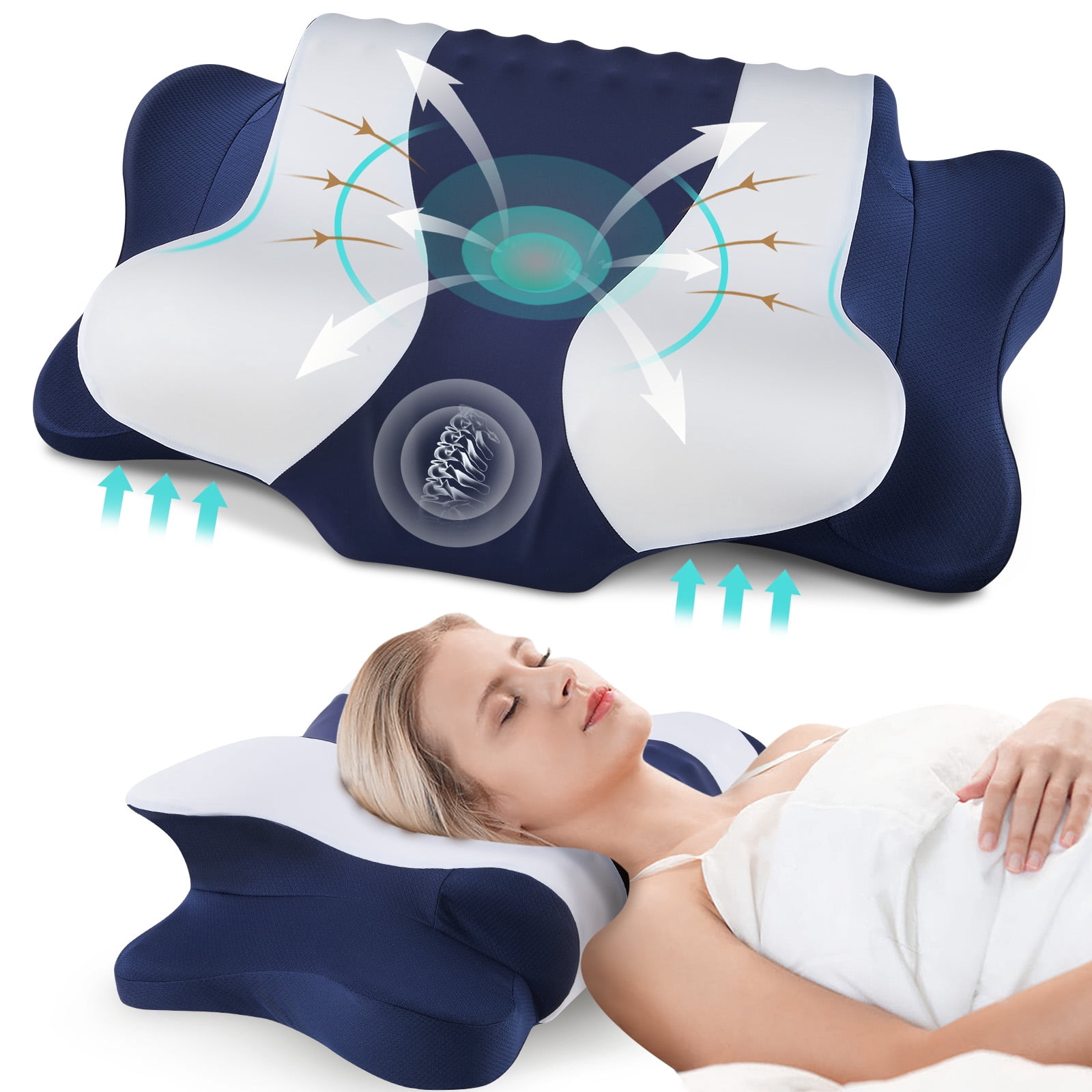 DONAMA Cervical Neck Pillow for Pain Relief Sleeping, Memory Foam Pillow Neck Pillow Bed Pillow with Pillowcase for Side Back and Stomach Sleepers, Blue and White