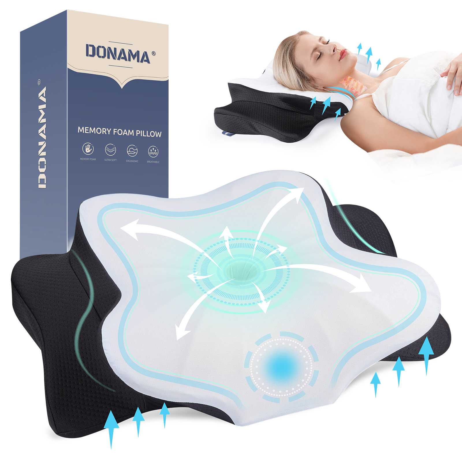 DONAMA Neck & Cervical Pillows for Neck Pain Relief, Contour Memory Foam Pillows with Breathable