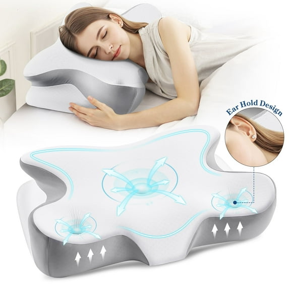 MOONORAH Cervical Pillow for Neck and Shoulder, Ergonomic Side Sleeper Pillow for Neck Support, Contour Memory Foam Pillows for Side Back & Stomach Sleepers with Cooling Pillowcase, Gray