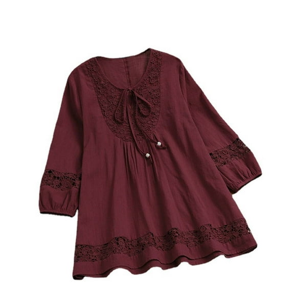 DONDPO Shirts for Women Womens Plus Size Tops Long Sleeve Shirts Blouses Lace Pleated Tunic Tops Womens Button Down Shirts Cotton Linen Shirts for Women Red 2XL