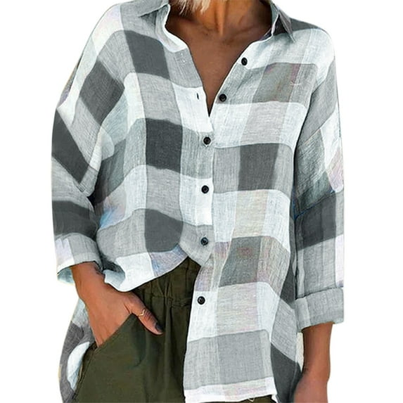 DONDPO Shirts for Women Print with Long Blouse Tops Fashion Sleeves Loose Check Women Women's Blouse Womens Shirts Casual Womens Blouses
