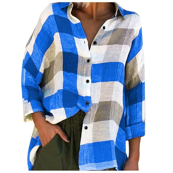 DONDPO Shirts for Women Print with Long Blouse Tops Fashion Sleeves Loose Check Women Women's Blouse Womens Shirts Casual Womens Blouses