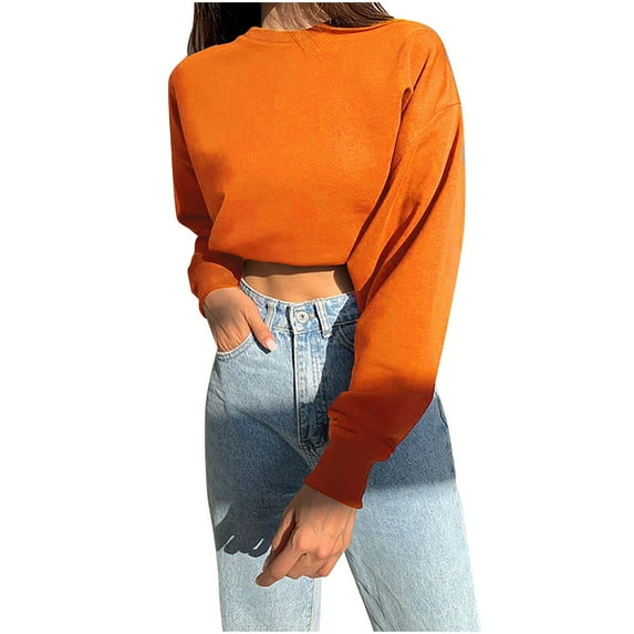 DONDPO Women Hoodies Pullover Women's Solid Color Pullover Sweatshirt&nbsp;Slim Short Crop Tops Crewneck Blouses Women's Long Sleeve Tops Womens Shirts Casual
