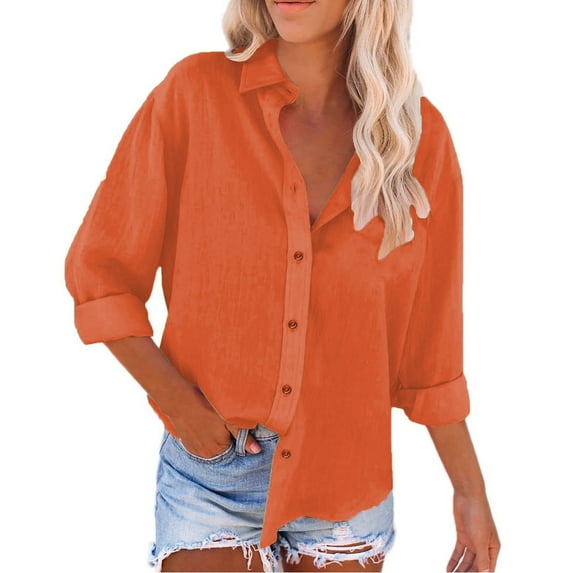 DONDPO Womens Button Down Shirts Linen Women's Spring Summer Solid Color Shirt Long Sleeve Vacation Beach Workwear Tops Clothes 2025 Women Tops Shirts Linen Shirts for Women Orange 2XL