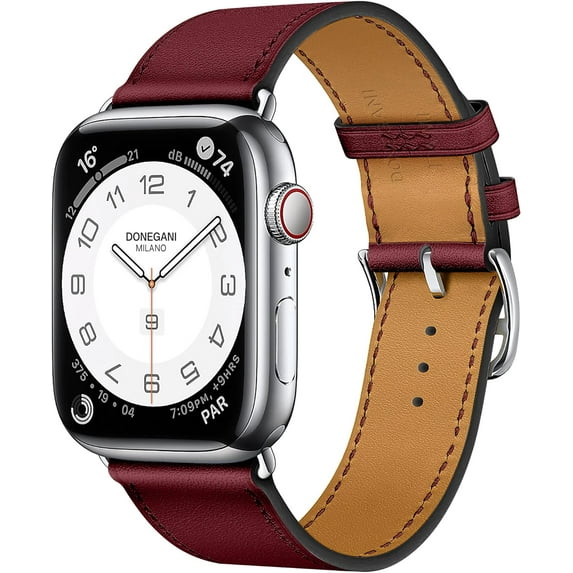 DONEGANI Milano Leather Band Compatible with Apple Watch Bands Series 9 8 7 6 5 4 3 2 1 SE|41mm 40mm 38mm Men Women in color Bordeaux Red|Silver Link Original|Bracelet Strap