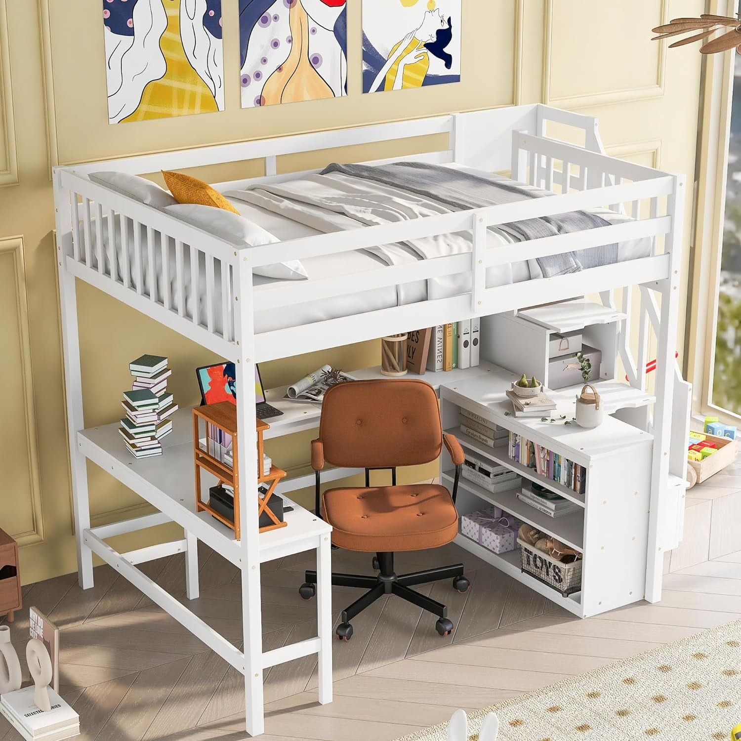 DONFU Full Loft Bed with Storage Stairs and Desk, Wood Loft Bed with