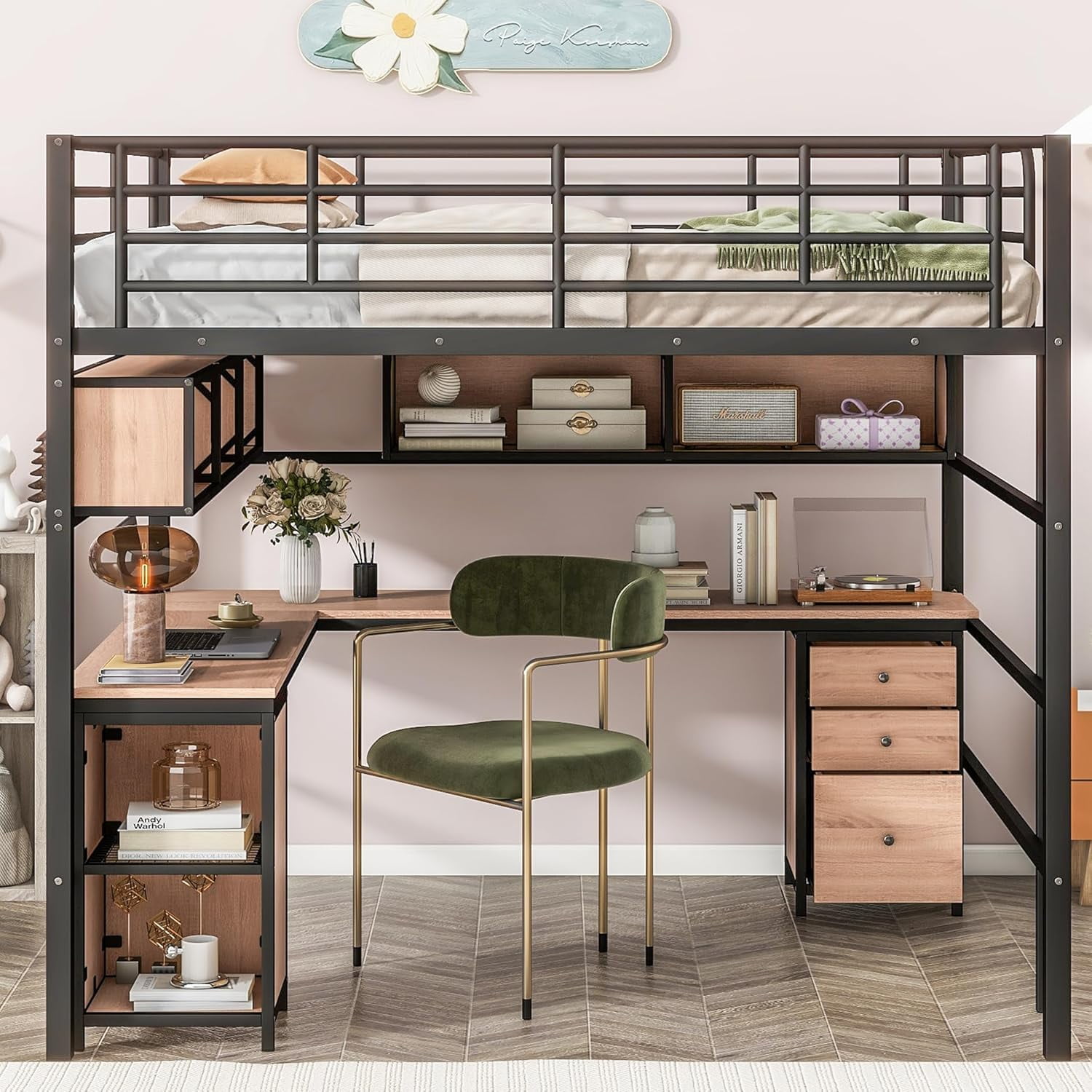 DONFU Full Size Metal Loft Bed with Desk, Bookcase and Storage