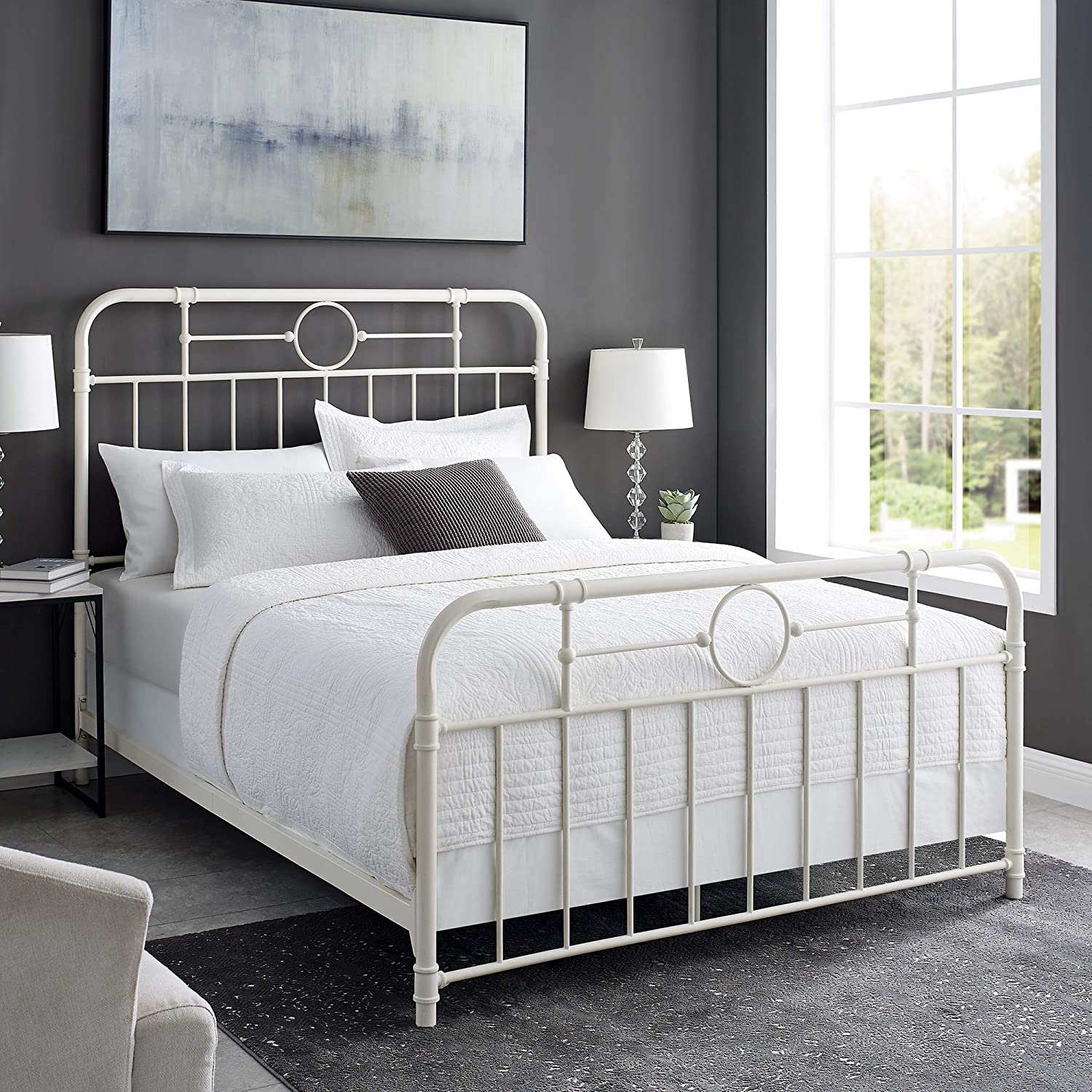 DONFU Queen Metal Pipe Bed Frame in Antique White
