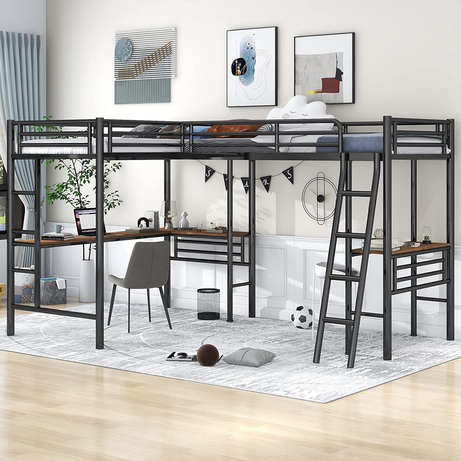 DONFU Twin Size Metal L Shaped Loft Bed with 2 Built in Desk Heavy Duty