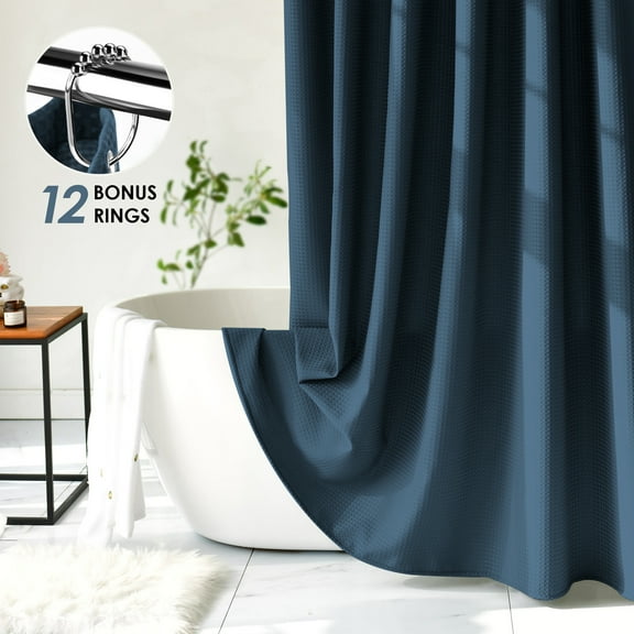 DONGFXK Waffle Textured Heavy Duty Fabric Shower Curtain, 230GSM Luxury Weighted Polyester Cloth Bath Curtain Set with 12 Stainless Steel Hooks, Blue,72” x 78”