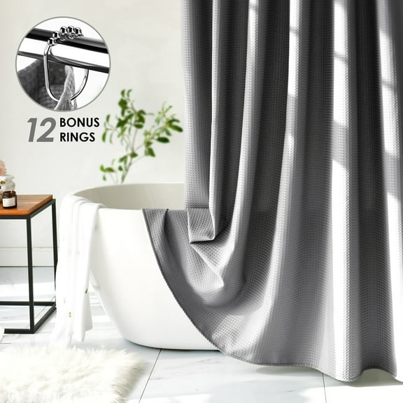 DONGFXK Waffle Textured Heavy Duty Fabric Shower Curtain, 230GSM Luxury Weighted Polyester Cloth Bath Curtain Set with 12 Stainless Steel Hooks, Gray,72” x 84”