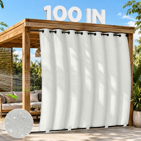 DONGPAI 100% Blackout Outdoor Curtains for Patio Waterproof Windproof, Linen Textured Outside Curtain with Top Grommet & Bottom Back Tab for Gazebo Porch Pergola, 100" x 96", Grayish White, 1 Panel