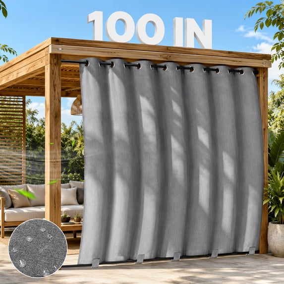 DONGPAI 100% Blackout Outdoor Curtains for Patio Waterproof Windproof, Linen Textured Outside Curtain with Top Grommet & Bottom Back Tab for Gazebo Porch Pergola, 100" x 96", Gray, 1 Panel