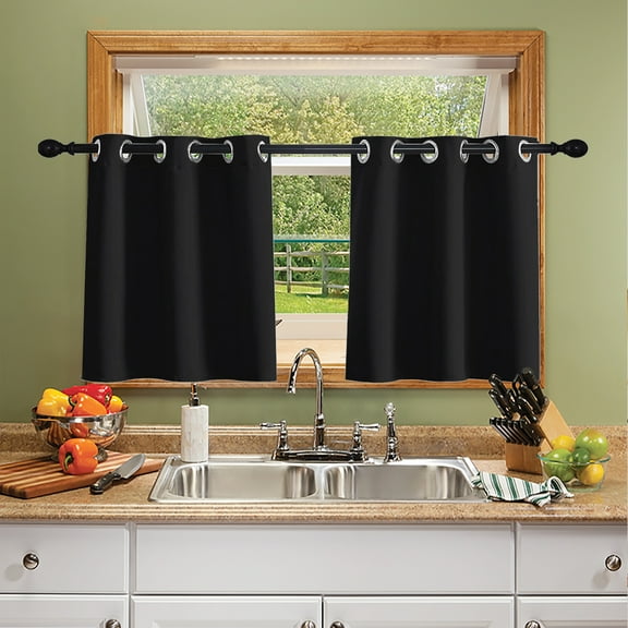 DONGPAI 2 Panel Blackout Kitchen Curtain, Grommet 24 inch Short Curtains Bathroom Window Curtain Cafe Curtains, Black