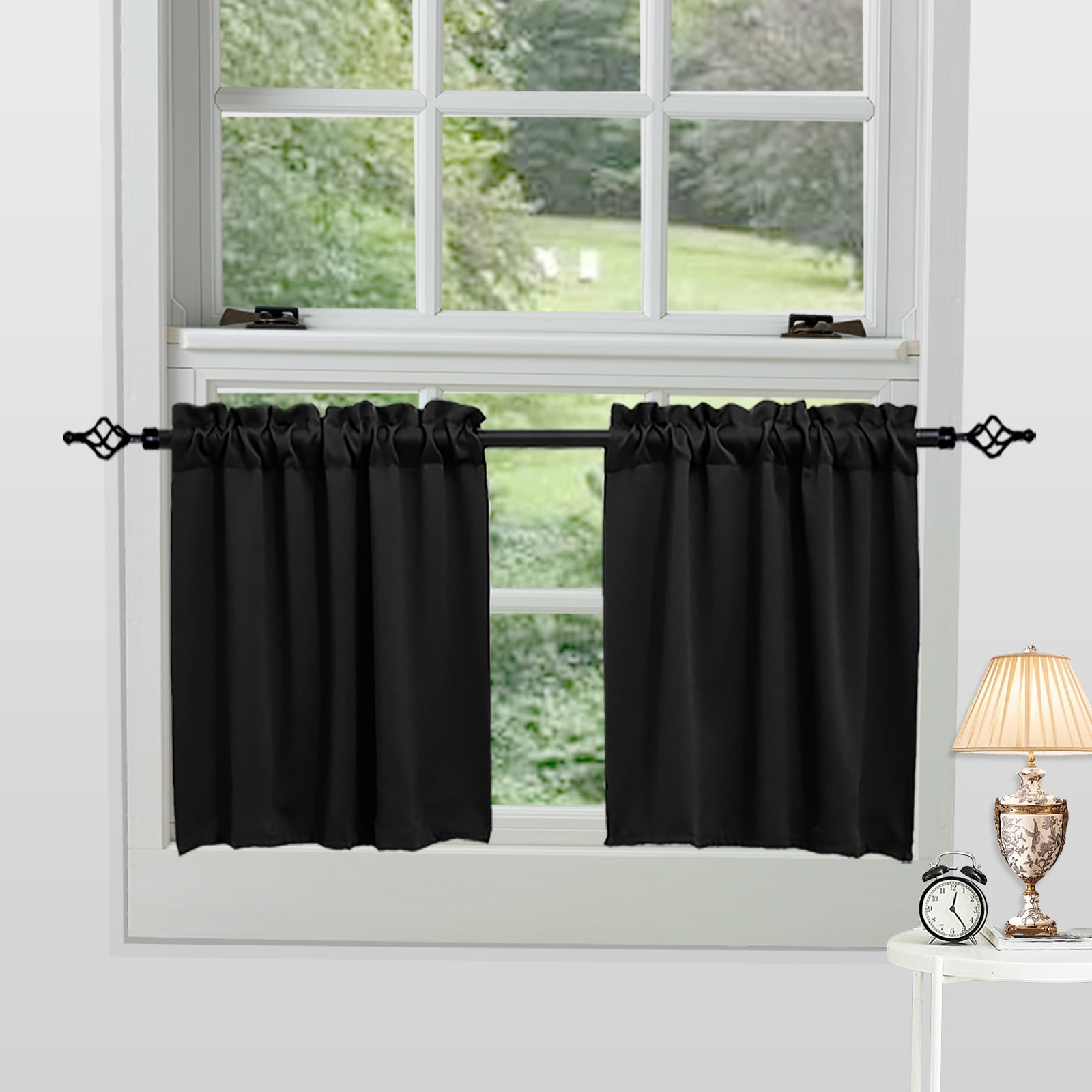 DONGPAI 2 Panels Blackout Kitchen Curtains, Rod Pocket 24 inch Short Curtains Cafe Curtains Bathroom Window Curtains, Black