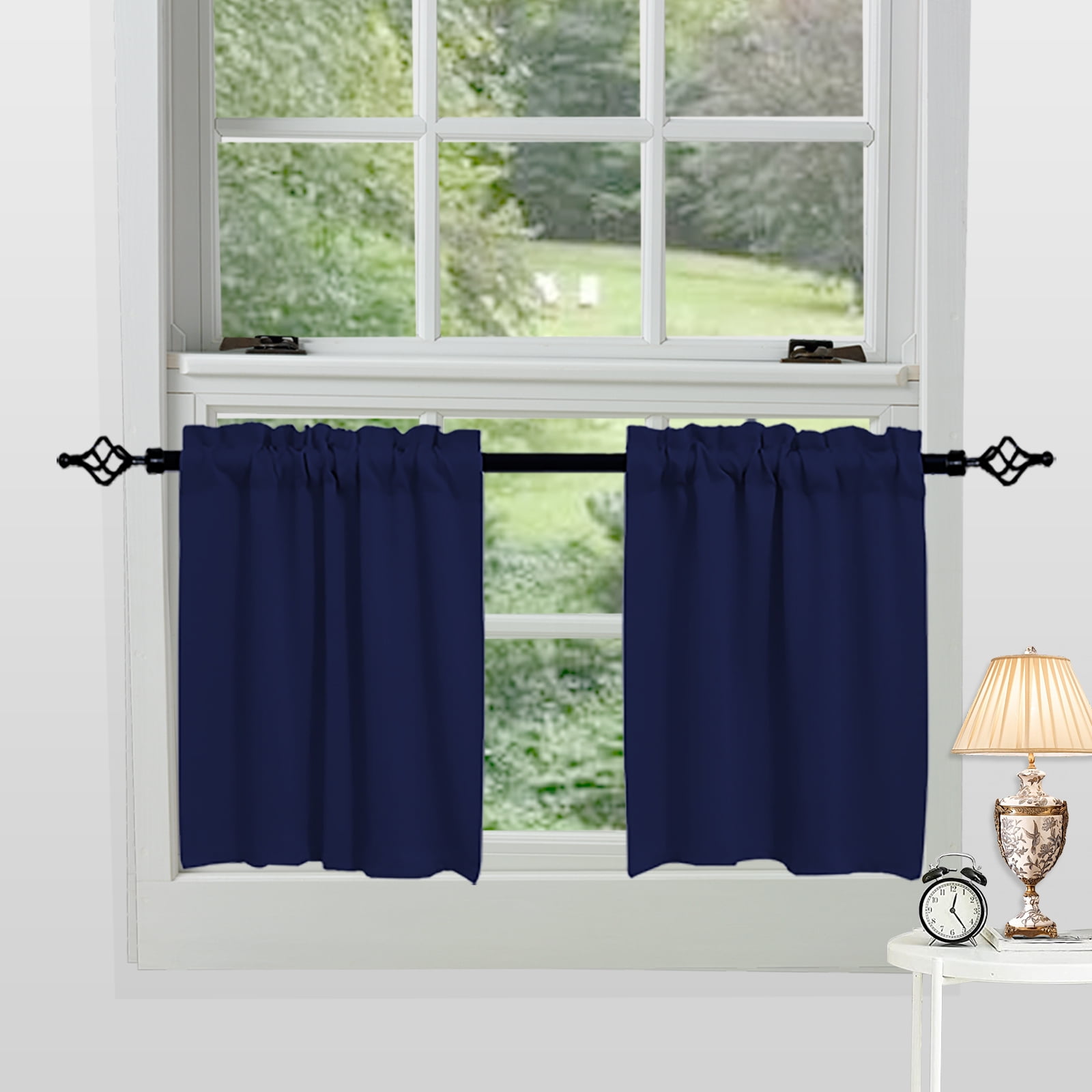 DONGPAI 2 Panels Blackout Kitchen Curtains, Rod Pocket 30 inch Short Curtains Cafe Curtains Bathroom Window Curtains, Navy Blue